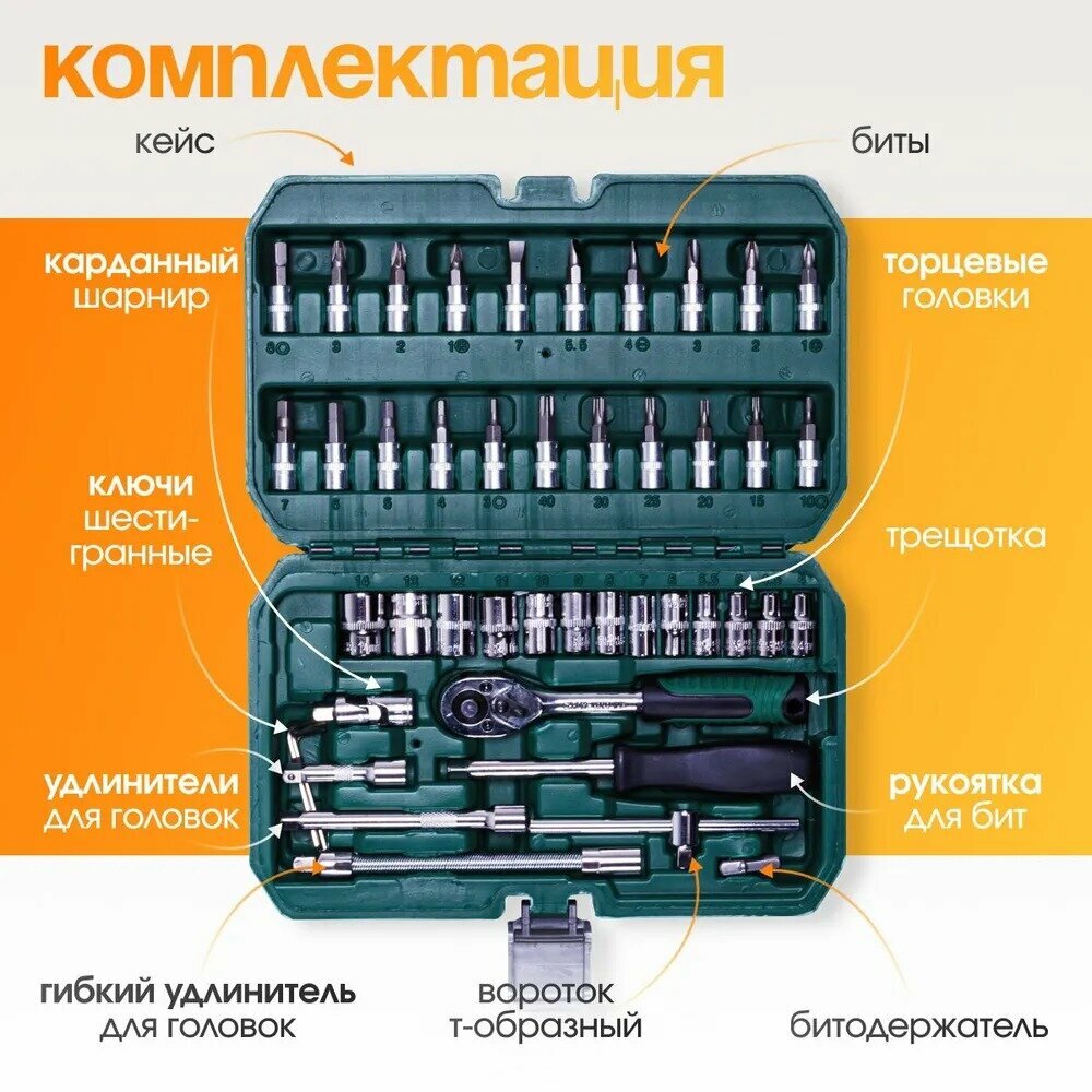 Набор бит и торцевых головок для автомобиля/дома/дачи 46 предметов в кейсе. Ручные инструменты класса LUXE — фото 1