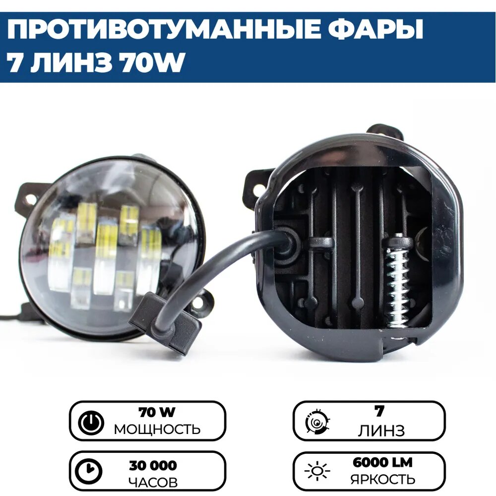 Противотуманные фары ПТФ светодиодные 7 линз 70W для Лада Гранта, Ларгус, Калина 2, Калина 1, Датсун, комплект 2 шт. — фото 1