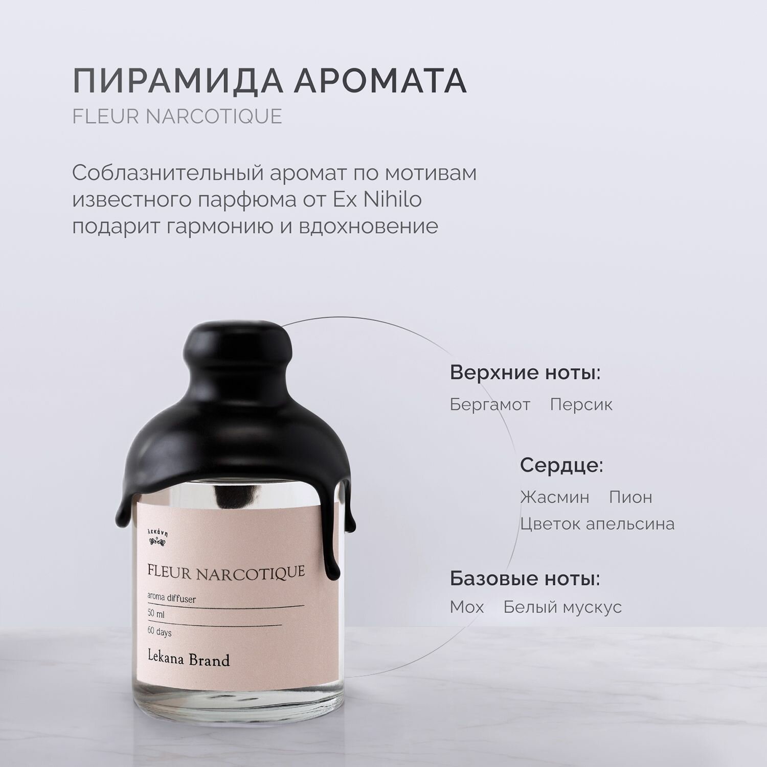Диффузор ароматический для дома с жидкость, ароматизатор с палочками lekana brand Fleur Narcotique, флер наркотик 50 мл пахучка — фото 1