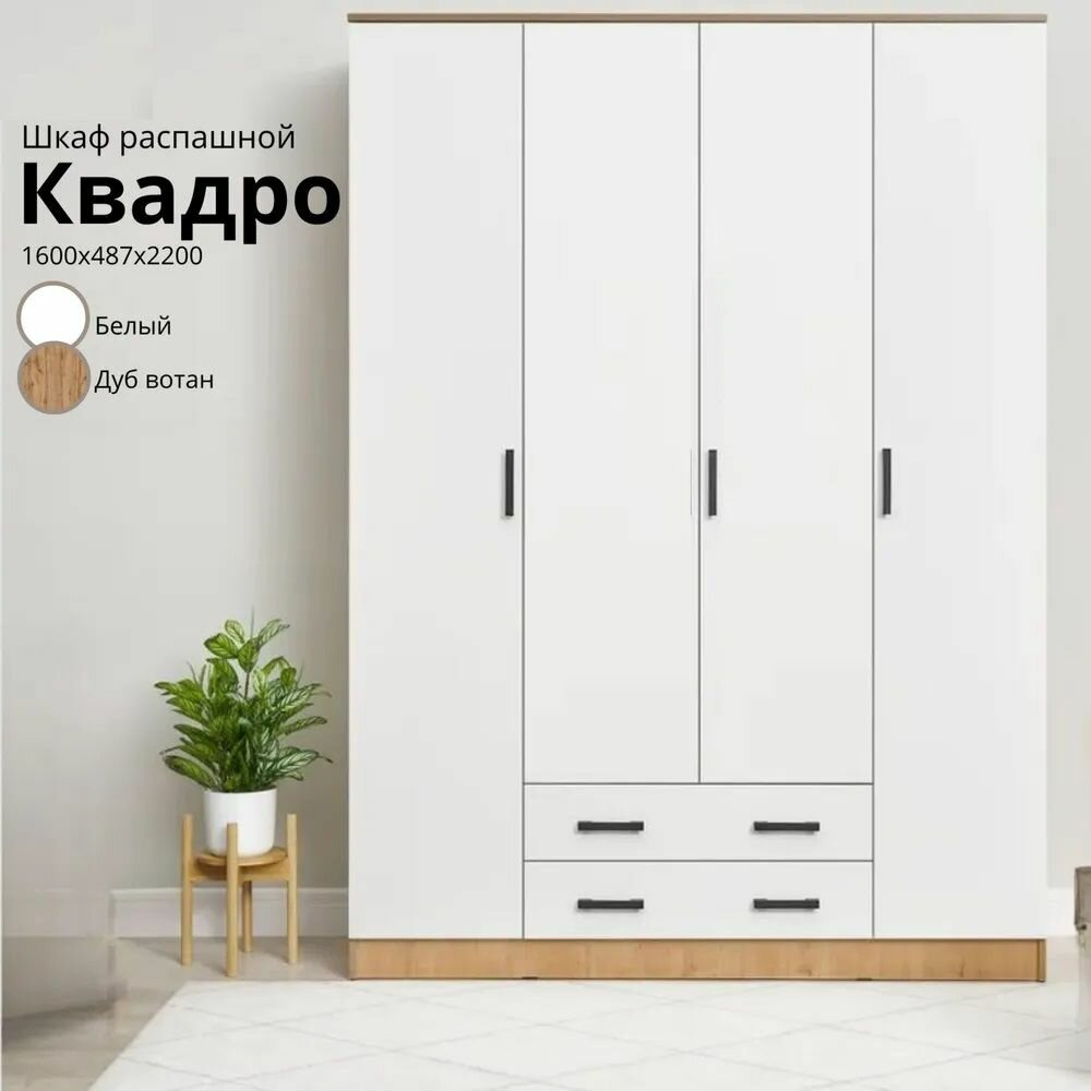 Шкаф распашной Квадро Дуб Вотан/Белый гладкий ЛДСП, с полками, ящиками, штангой, для спальни, гостиной 1600х2200х487 ЭРА