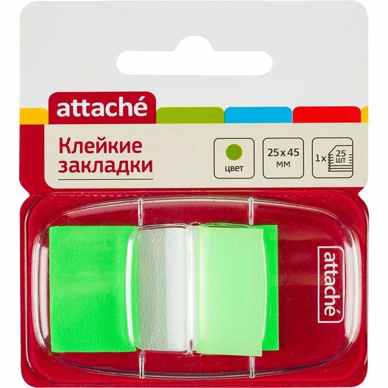 Клейкие закладки Attache пластиковые, 1 цвет по 25 листов, 25х45 мм, зеленый