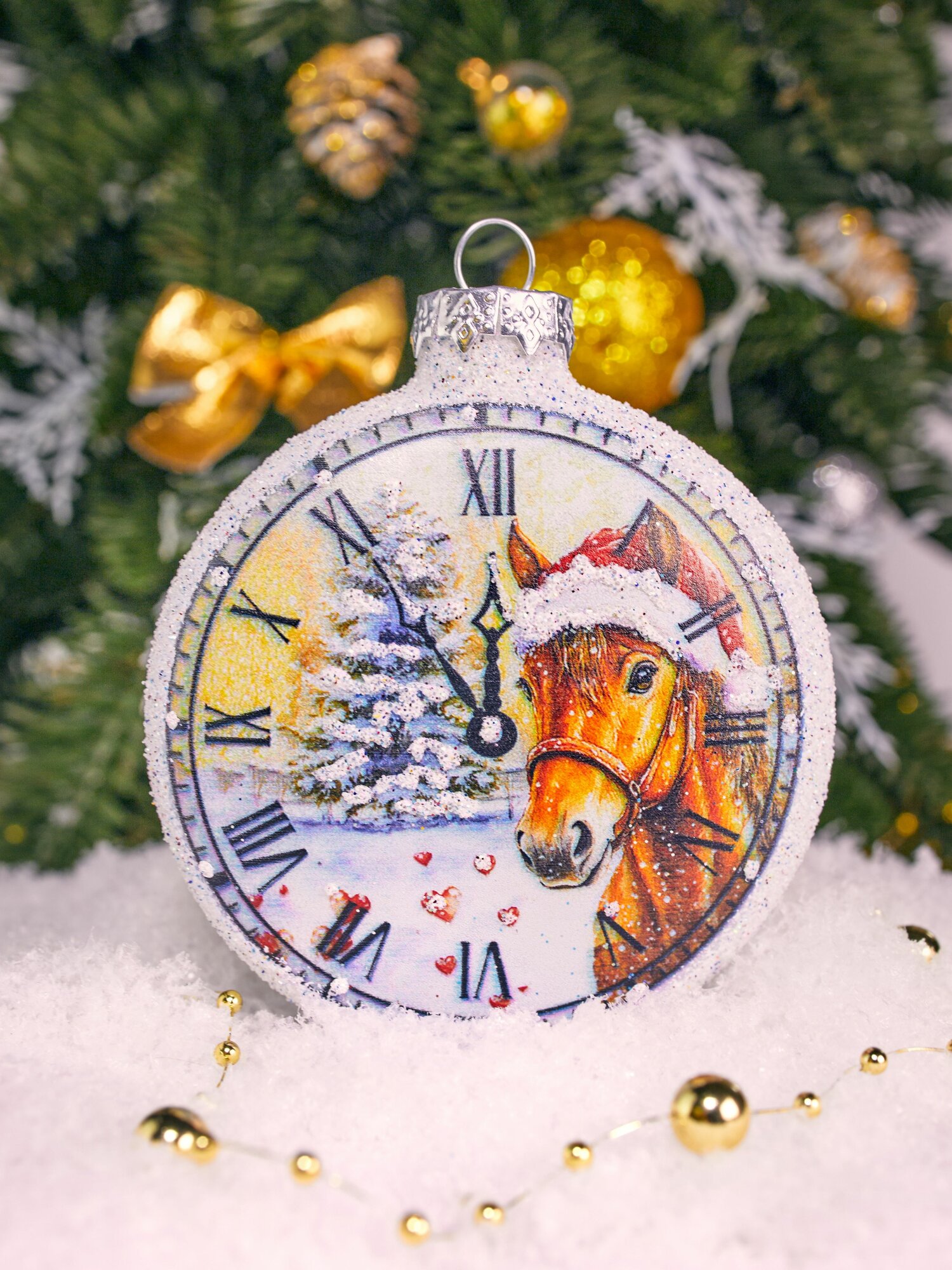 Елочная игрушка стеклянная медальон Символ года лошадь 75 мм