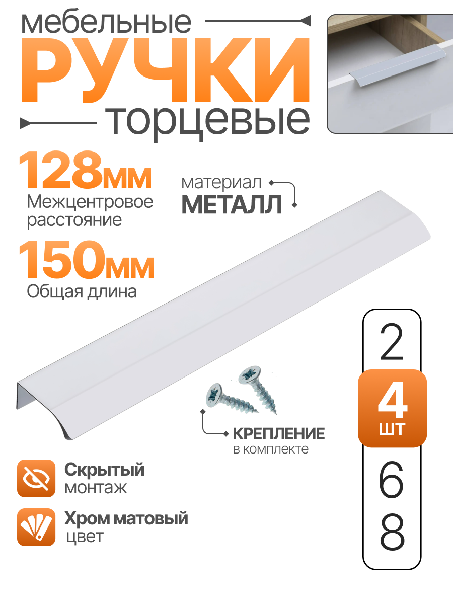 Ручка торцевая мебельная накладная 128 мм, 15 см, 4 шт