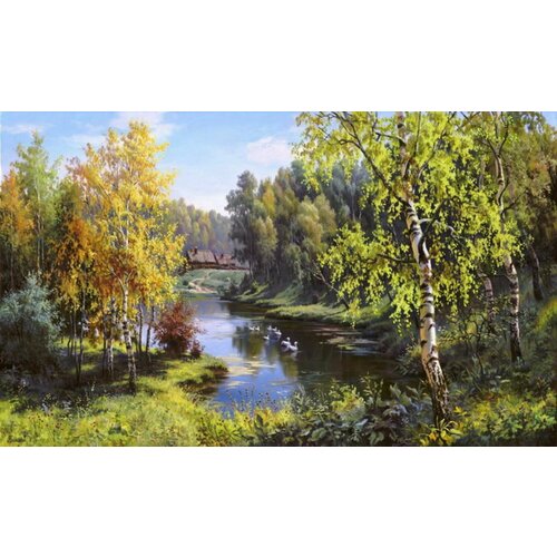 Вышивка крестиком 46х56 - Речка и березы в лесу