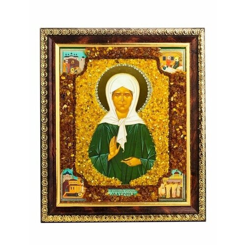 Икона, украшенная янтарём Святая блаженная старица Матрона