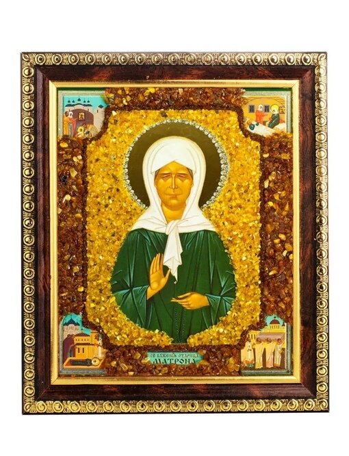 Икона, украшенная янтарём Святая блаженная старица Матрона