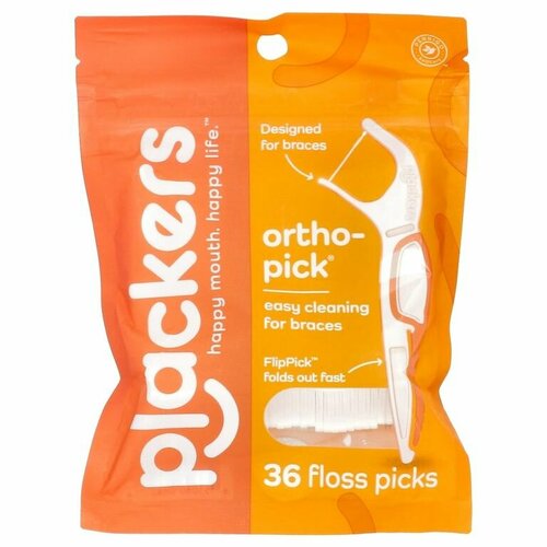 Plackers, Orthopick, зубочистки с нитью, для брекетов, 36 шт флоссер plackers orthopick 24 шт