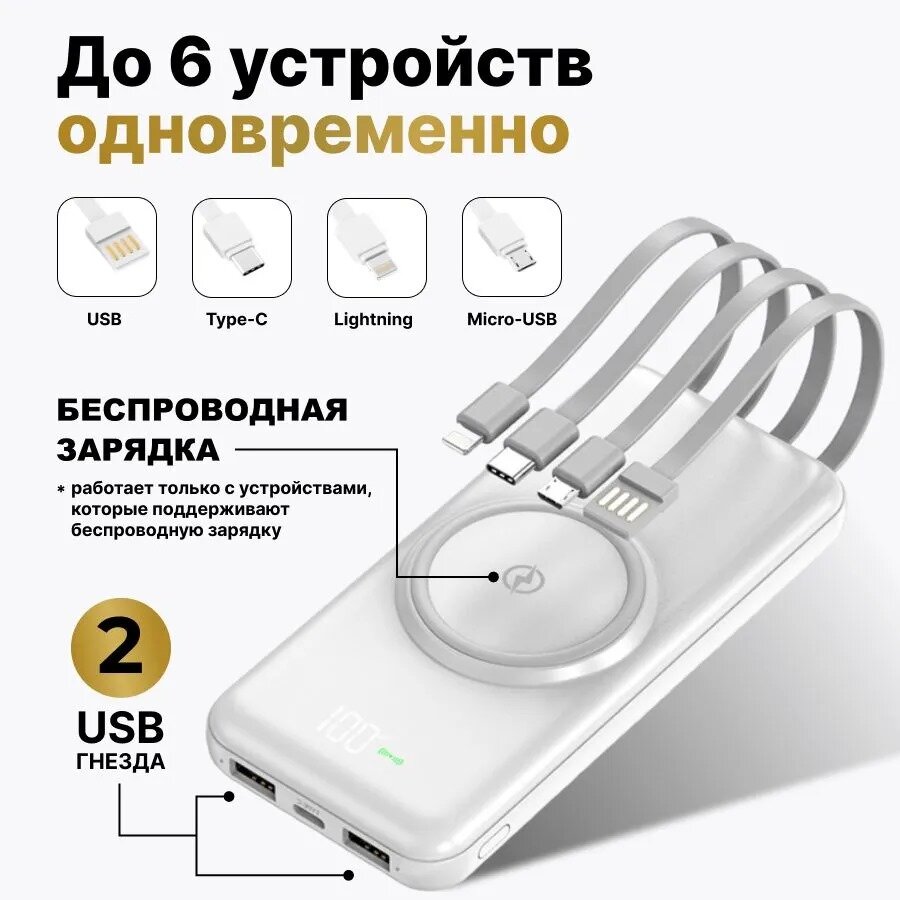 Power Bank 30000 mah / Повербанк для телефона с беспроводной зарядкой, белый