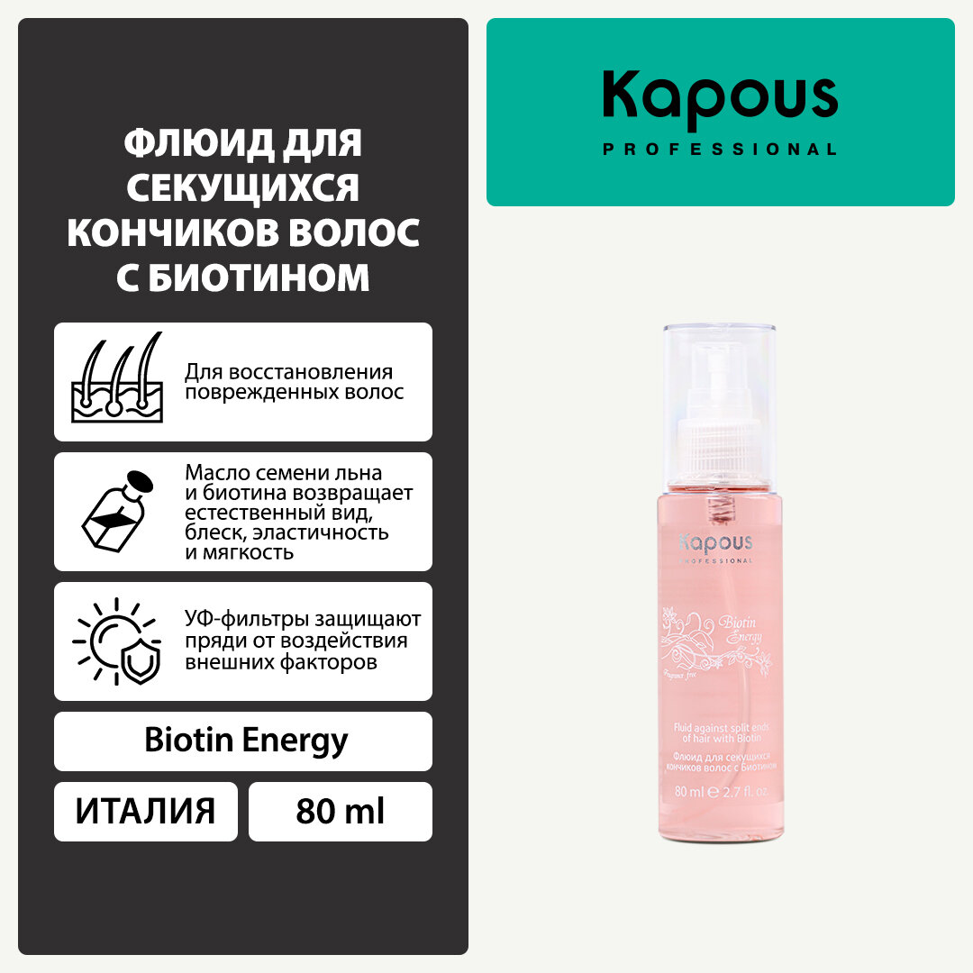 Флюид с биотином для секущихся кончиков волос Kapous «Biotin Energy», 80 мл