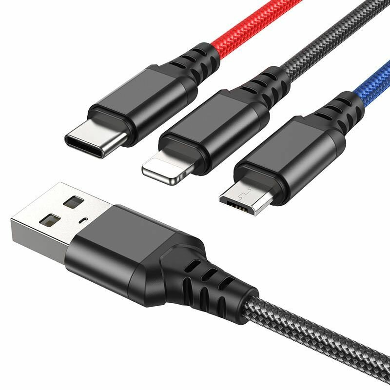 Hoco Провод для зарядки телефона 3в1 для iPhone, iPad, Airpods, андроид / USB-C - Lightning - Micro-USB, кабель 1 метр, разноцветный — фото 1