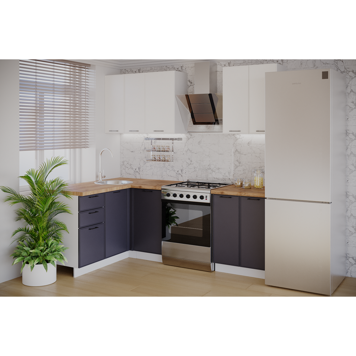 Модульная кухня "Виола Нео" 1,4*1,6 м (Кант) - низ - маренго софт, верх - матовый белый софт