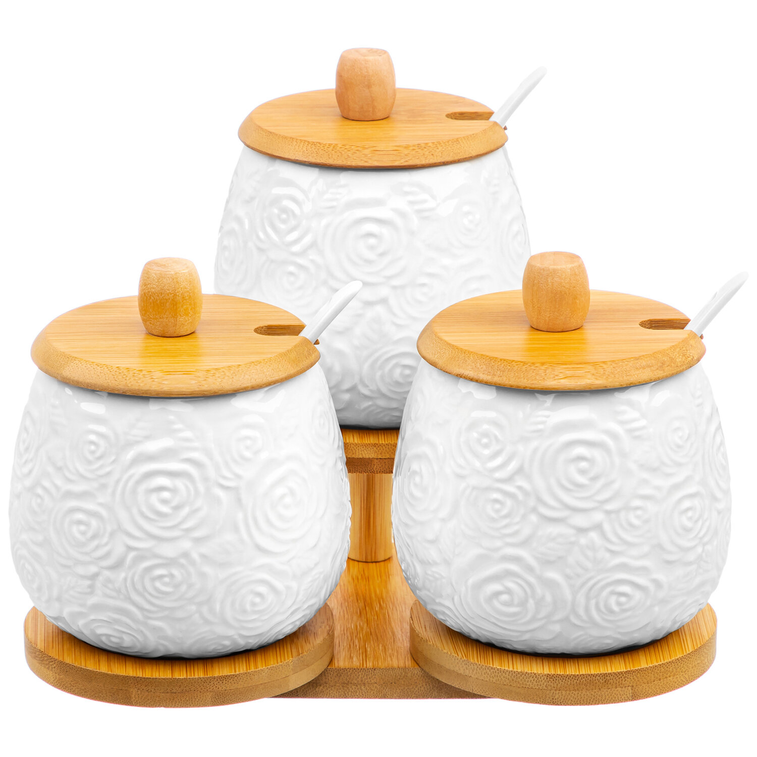 фото Банка для хранения сыпучих продуктов/ соли/ сахара/ чая/ кофе 3 шт 400 мл Elan Gallery Розы, с дер. крышками, с ложками, на дер. подставке