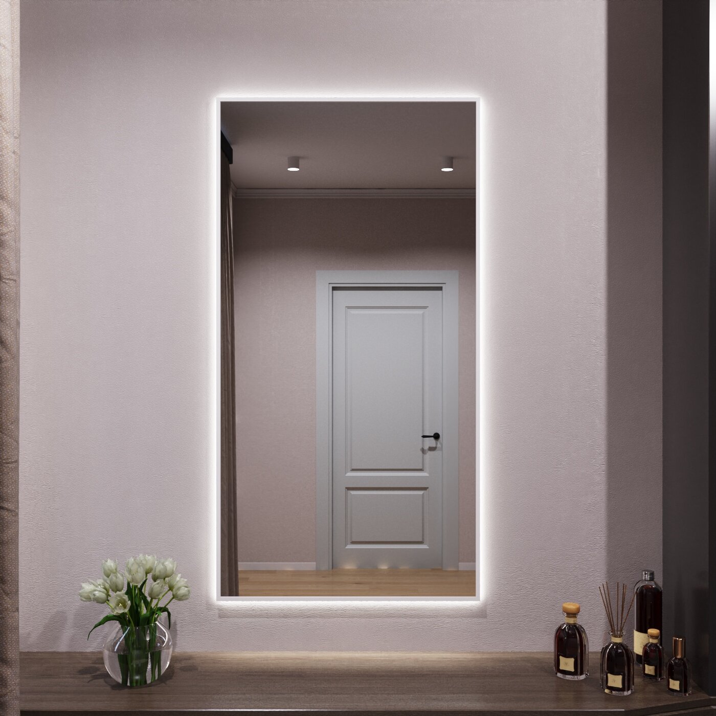 Зеркало с подсветкой в алюминиевой раме настенное Market-house 130х80 см. Свет: Нейтральный Белый 6000К. Белое