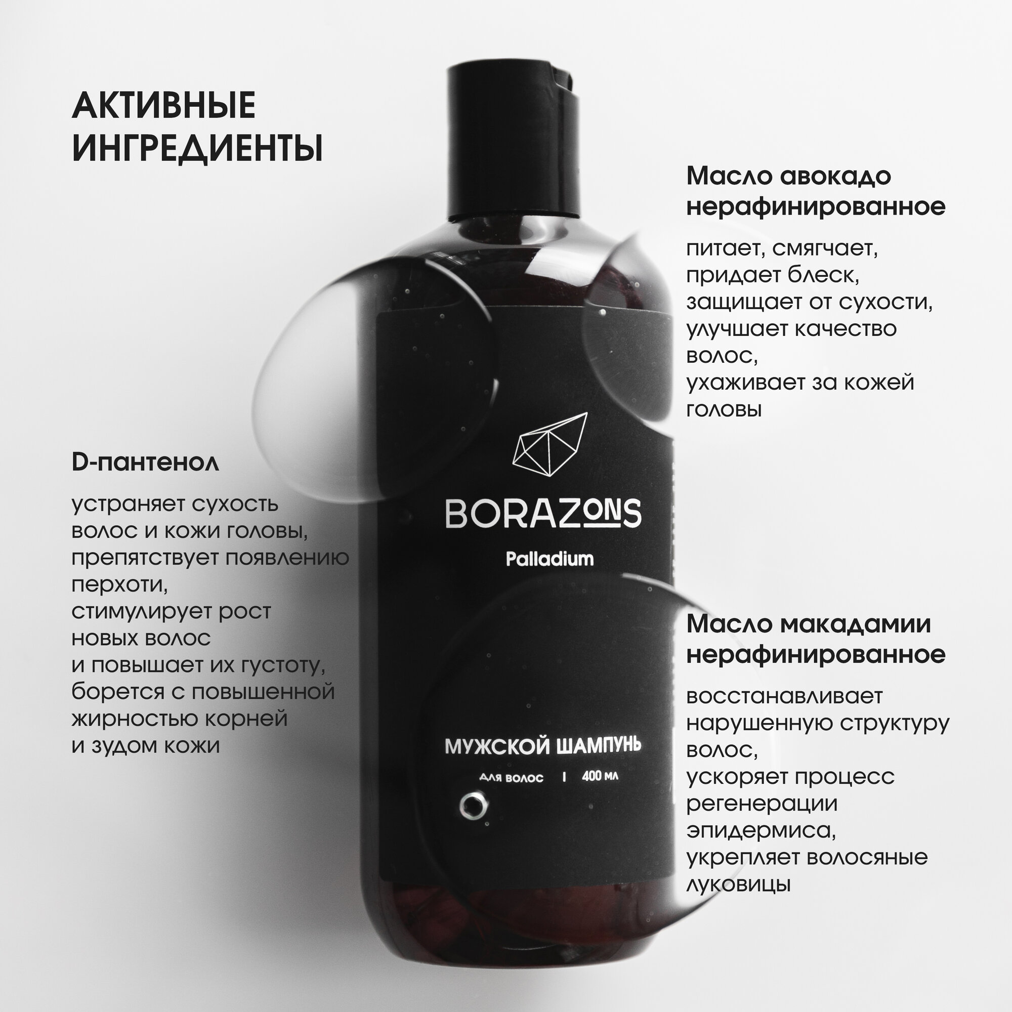 Изображение Шампунь мужской BORAZONS "Palladium", для всех типов волос, профессиональный, для ежедневного использования, 400мл