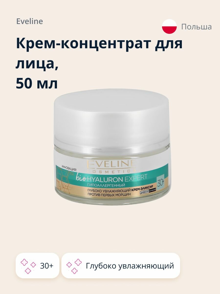 EVELINE Крем-концентрат для лица BIO HYALURON EXPERT 30+ глубоко увлажняющий, 50 мл