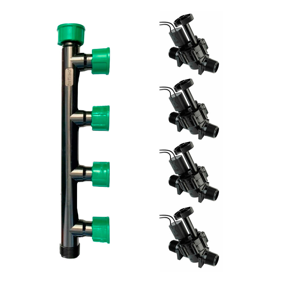 Комплект коллектор Irritec 436-320 - 4 выхода 1" + Э/м клапана K-Rain 7001-MXM PRO 100: 1" НР с регулятором потока 4 штуки
