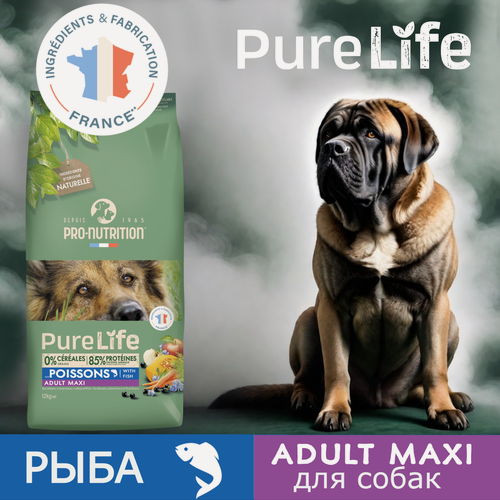 Изображение товара Сухой корм для взрослых собак крупных пород Pro-Nutrition Flatazor Pure Life Adult Maxi с белой рыбой (12кг), для собак с чувствительным пищеварением и склонным к аллергии, Франция