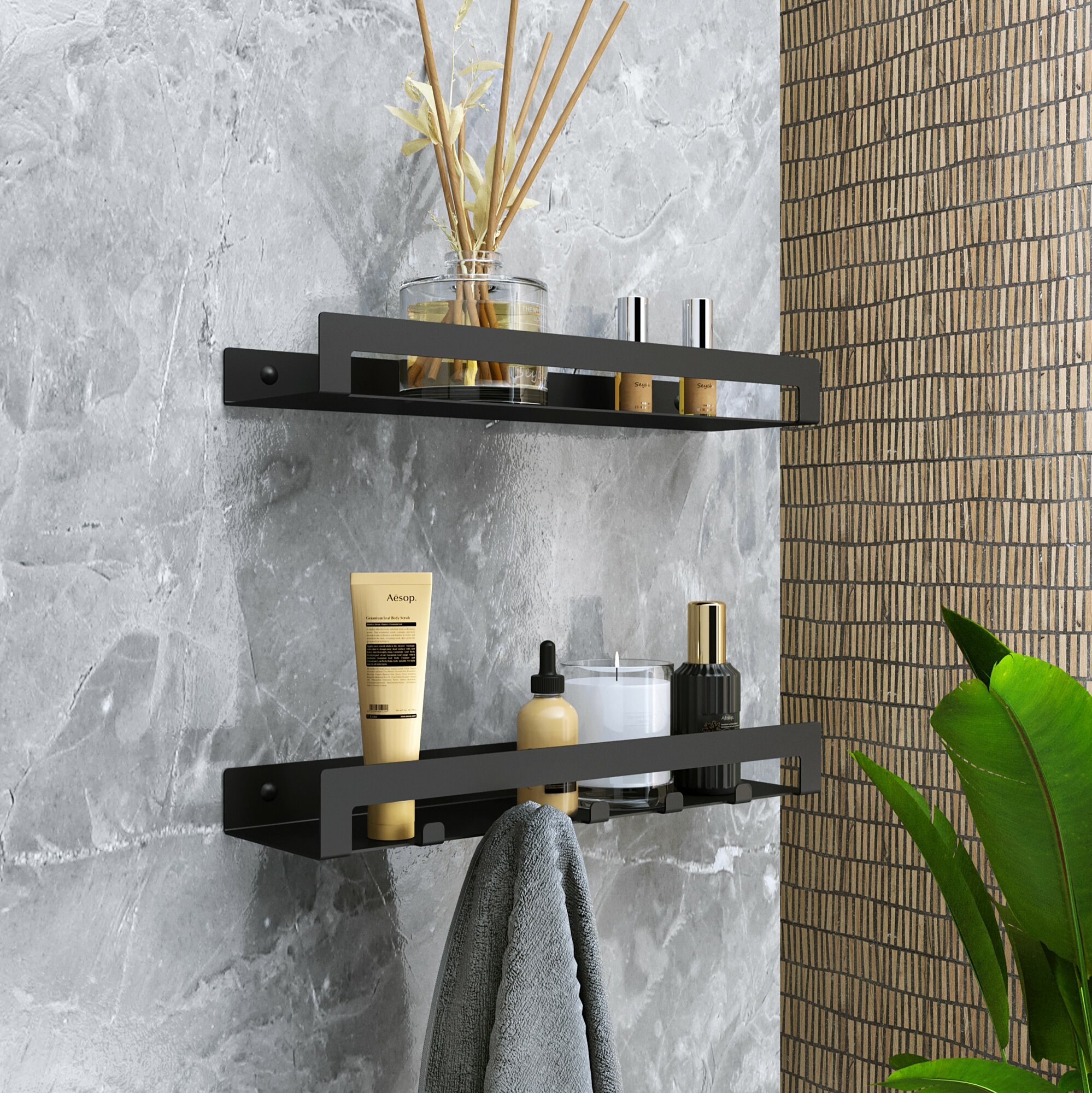 Полки Metalliroom для ванной, металл, настенные, 40x11x3,5 см, комплект 2 шт, черные — фото 1