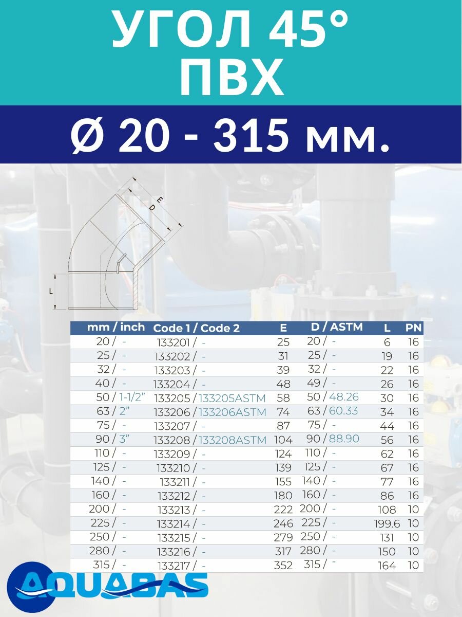Угол ПВХ 45 градусов D40 мм клеевой Gemas (133204) — фото 1