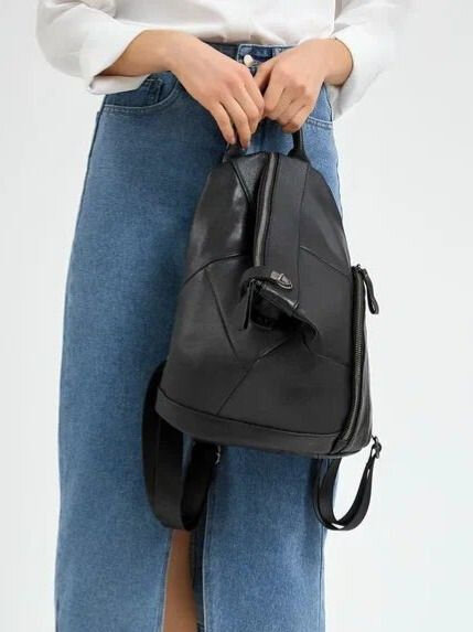 Рюкзак городской PouchMan, женский, натуральная кожа, 10 л, 32х27х14 см, черный