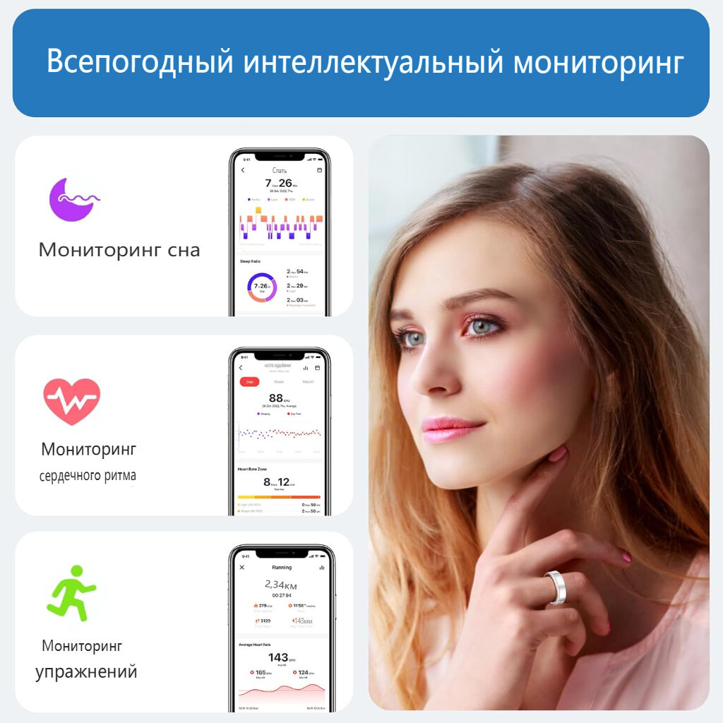 Smart Ring - водонепроницаемый IP68, фитнес-трекер, мониторинг здоровья, совместимый с iOS и Android — фото 1