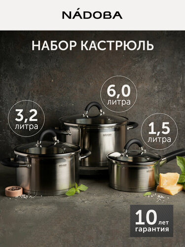 Изображение товара Набор кастрюль из нержавеющей стали с крышками для индукционной плиты, 6 предметов, подарочный набор посуды, NADOBA