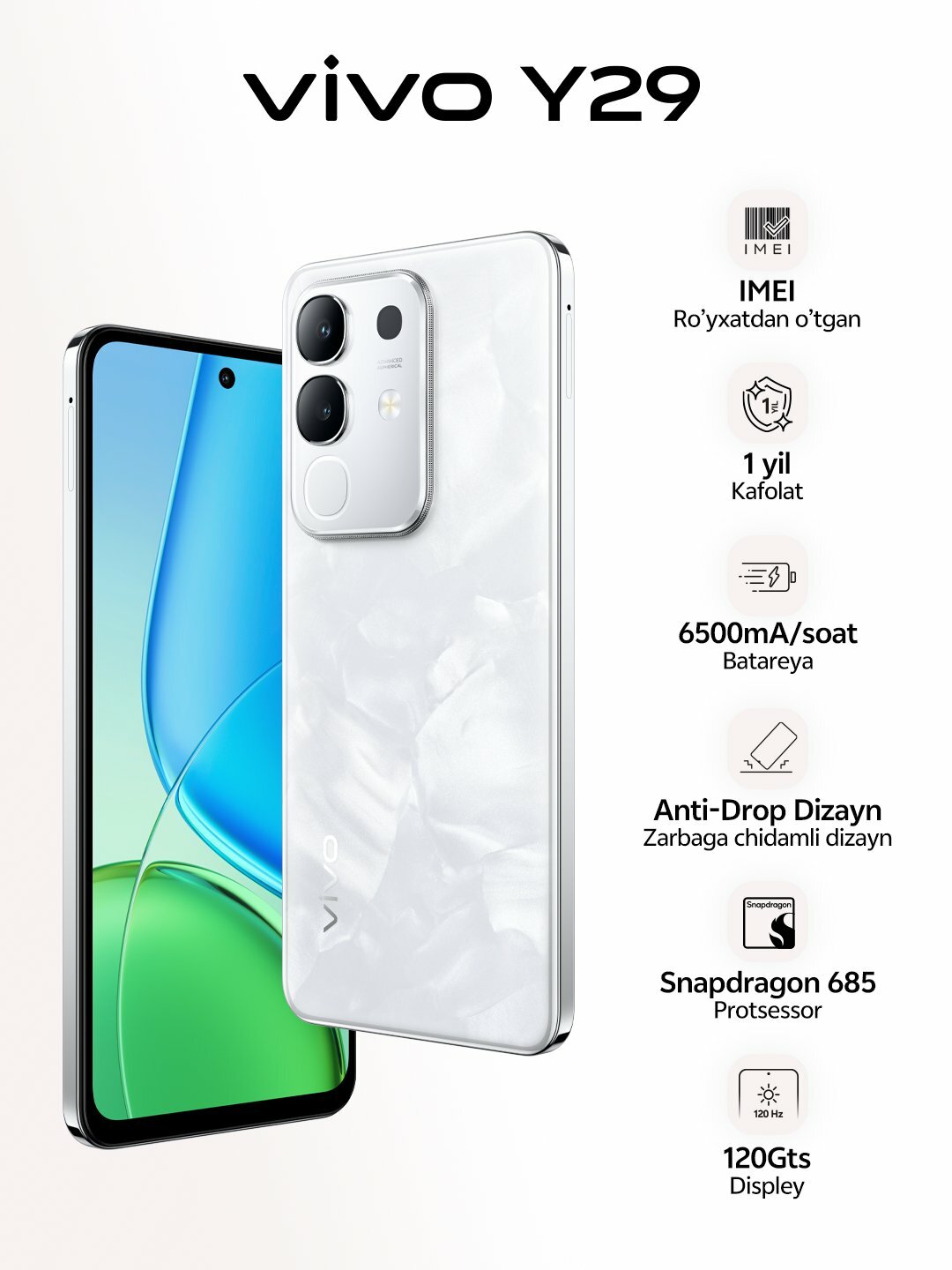 Смартфон Vivo Y29 8GB RAM, 128 GB памяти, 6500mAч, 44W, Белый