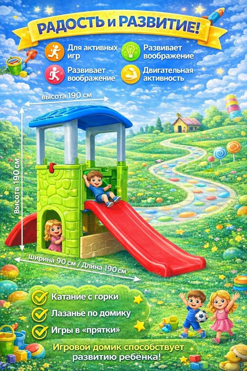 Детский игровой домик с горкой для улицы и дома из прочного пластика