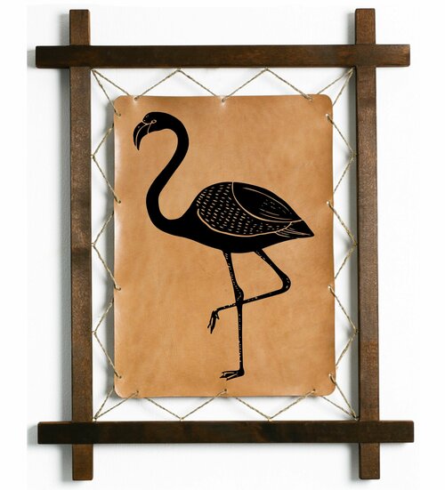 Картина Фламинго, гравировка на натуральной коже, интерьерная для украшения и декора на стену в деревянной раме, подарок, BoomGift