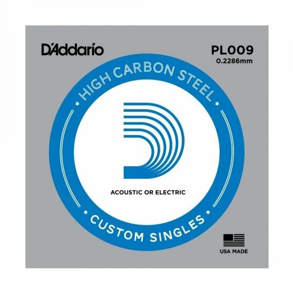Струна для акустической и электрогитары D'Addario PL009 High Carbon Steel Custom Singles, сталь, калибр 9, D'Addario (Дадарио)