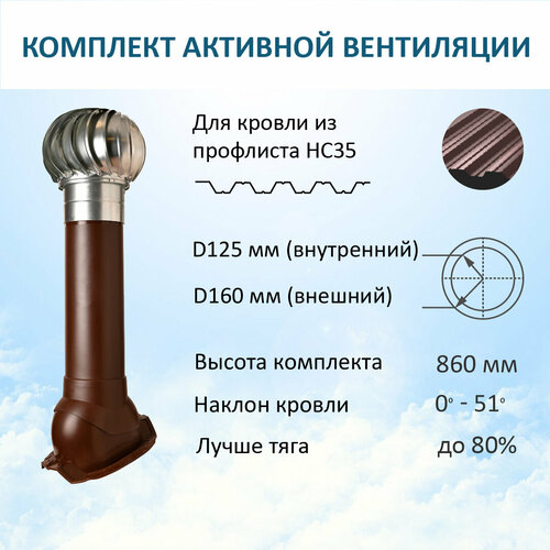 Комплект активной вентиляции: Турбодефлектор TD160 ОЦ, вент. выход утепленный высотой Н-700, для кровельного профнастила 35мм, коричневый