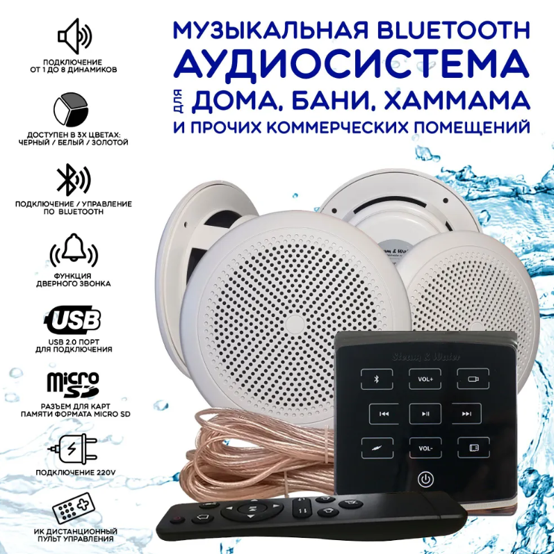 Комплект влагостойкой акустики для бани и сауны - SW1 Black SAUNA SENSOR (круглая решетка)