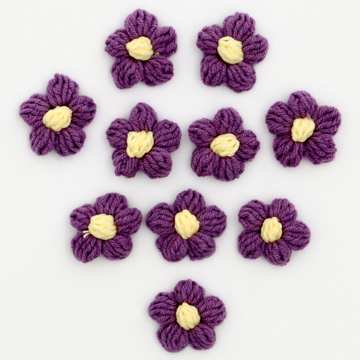 Цветок вязаный, набор 10 шт, размер 1 шт, 4 × 1,5 см, цвет фиолетовый