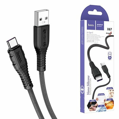 кабель hoco u68 gusto usb usb type c 1 2 м 1 шт черный Кабель USB - Type-C Hoco X67, 5A, 1 м, наносиликон, термостойкий, черный, 1 шт