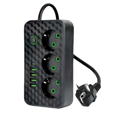 Сетевой фильтр удлинитель 3 розеток с быстрой зарядкой и 5 портами.