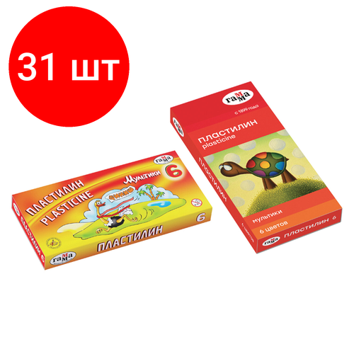 Комплект 31 шт, Пластилин классический гамма Мультики, 6 цветов, 120 г, со стеком, картонная упаковка, 280015/281015, 280015.281015