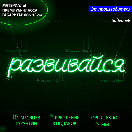 Неоновый светильник / Неоновая светодиодная вывеска на стену / Настенная неоновая лампа, надпись "Развивайся", для дома и бизнеса, 80 х 18 см.
