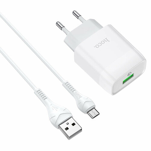 зарядное устройство 4в1 typec ip microusb ch u4 4 Зарядное устройство Hoco C72Q, белый (QC3.0, 1xUSB, 3A, кабель microUSB)