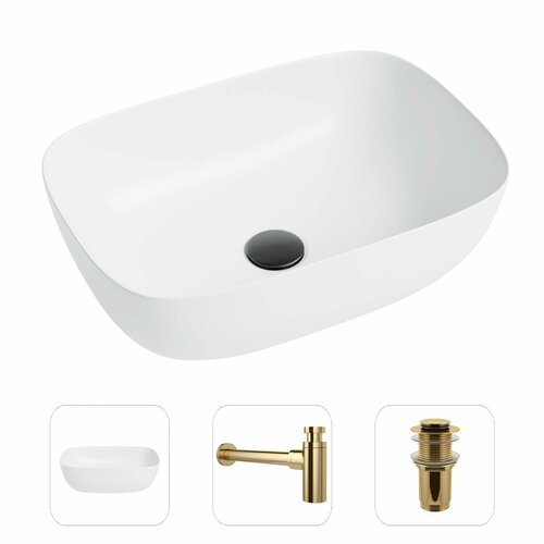 Накладная раковина в ванную Helmken 49346000 комплект 3 в 1: умывальник прямоугольный 46 см, сифон и донный клапан click-clack в цвете золото