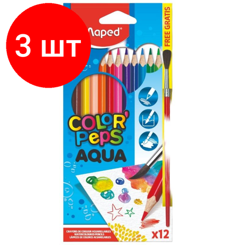 Комплект 3 наб, Карандаши цветные акварельные Maped COLOR'PEPS AQUA,3хгр+кисточ,12цв,836011 карандаши акварельные 12 цветов maped