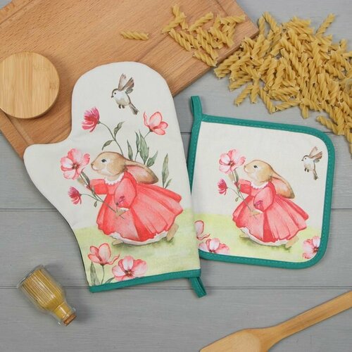 Набор кух Этель Кролик варежка-прихватка 20х28см прихватка 19х19см100 хл 993₽