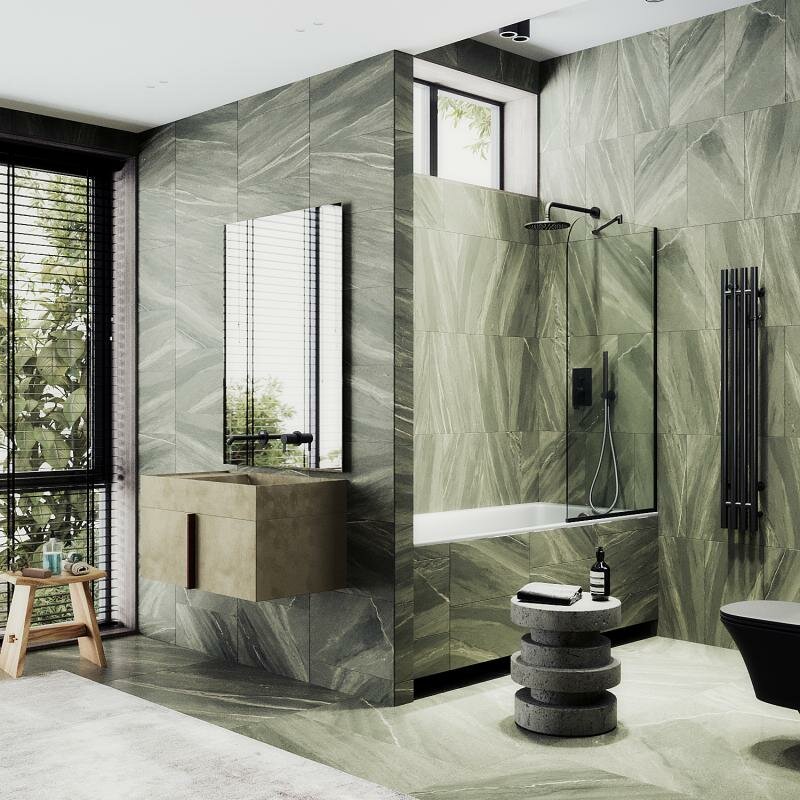 фото Maybah Glass Неподвижная шторка для ванны в узком профиле 80 см, стекло прозрачное, профиль черный MGV-64-6у Maybah Glass