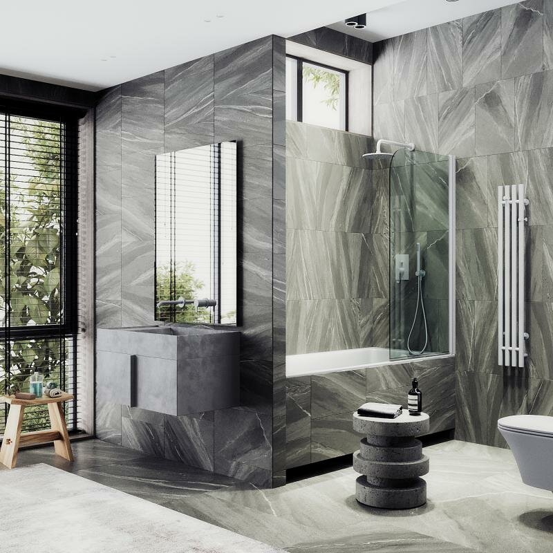 фото Maybah Glass Распашная шторка для ванны поворотная на монопетле 80 см, стекло прозрачное, профиль белый MGV-600-1 Maybah Glass