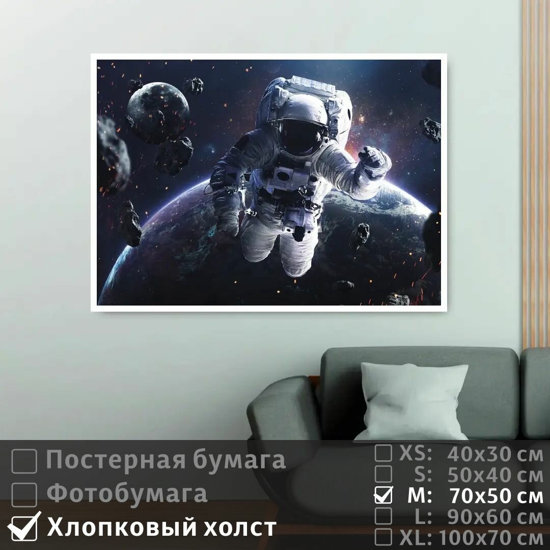 Постер на холсте Космонавт В Открытом Космосе 70х50 см ПолиЦентр