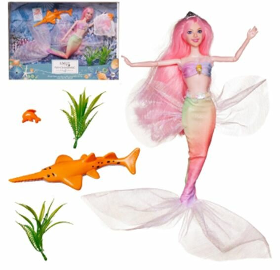 Кукла Junfa Emily Русалочка (cалатовый верх, салатово-розовый хвост), игровые предметы, 30см