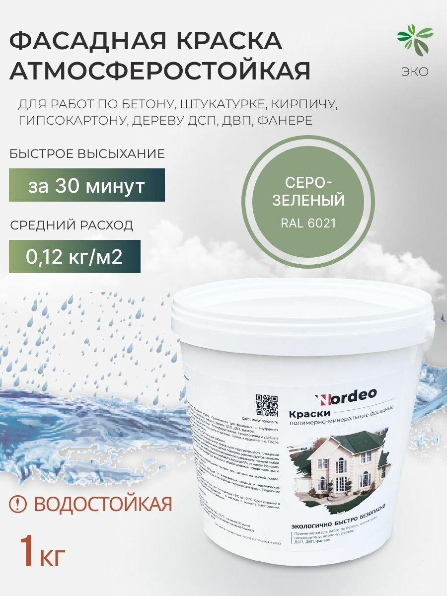 Краска фасадная без запаха Nordeo, RAL 6021 1 кг, для стен и дерева