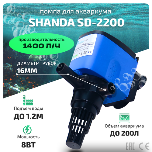 shanda sd 1100 помпа для аквариума до 100л подъем воды до 1м 1000л ч 6вт SHANDA SD-2200 Помпа для аквариума до 200л, подъем воды до 1,2м, 1400л/ч, 8вт