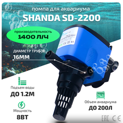 SHANDA SD-2200 Погружная помпа - циркулятор для аквариума до 200л, подъем воды до 1,2м, 1400л/ч, 8вт