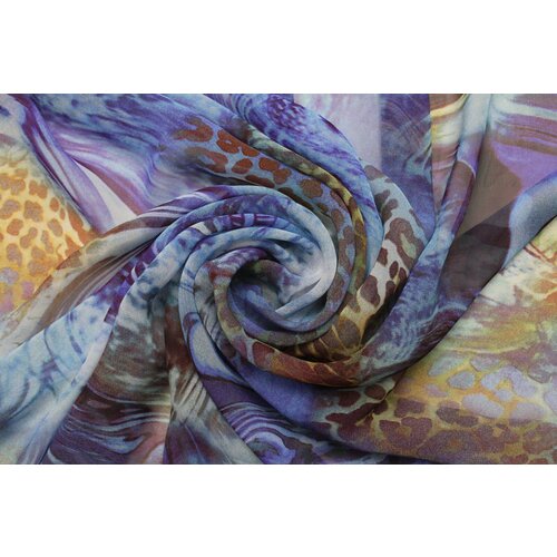 Ткань Шифон голубовато-фиолетовые разводы с бежево-коричневым леопардом, ш140см, 0,5 м