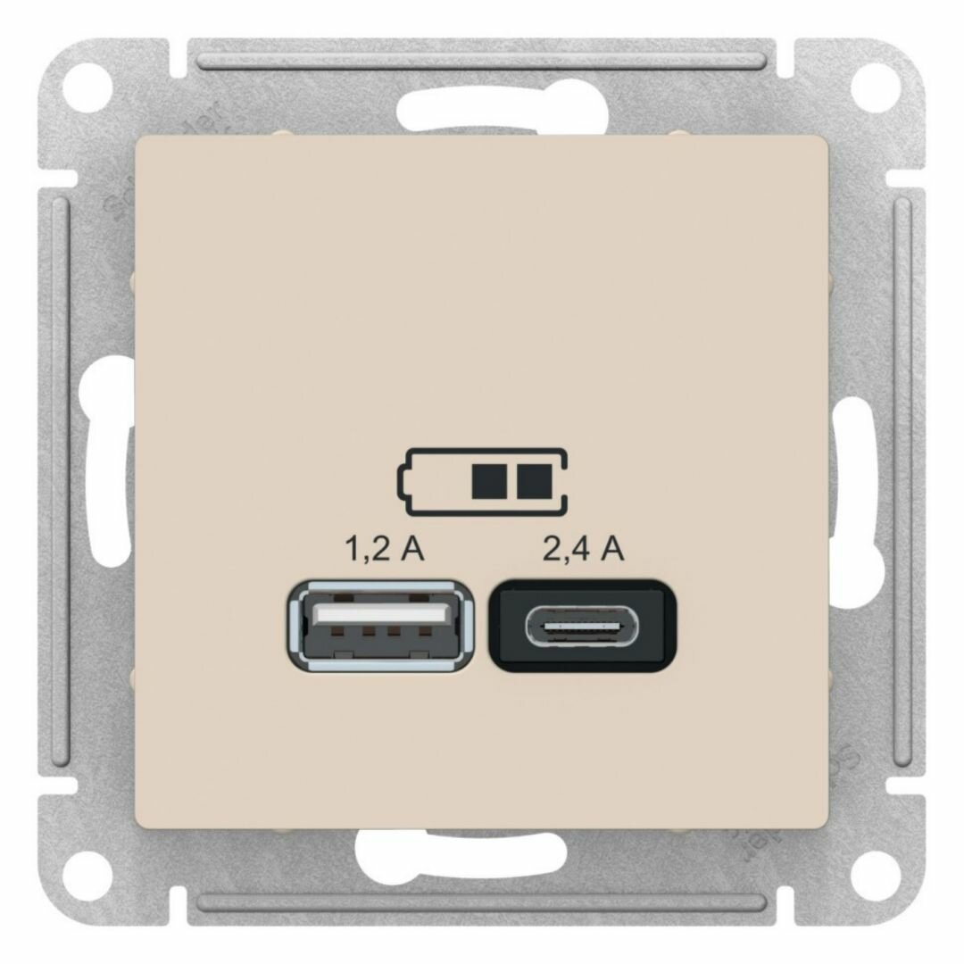 Розетка с 2 USB A+C 5В/2.4А, 2х5В/1.2А бежевая Schneider Electric Atlas Design ATN000239